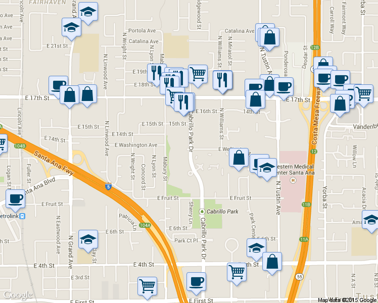 map of restaurants, bars, coffee shops, grocery stores, and more near 1259 Cabrillo Park Drive in Santa Ana