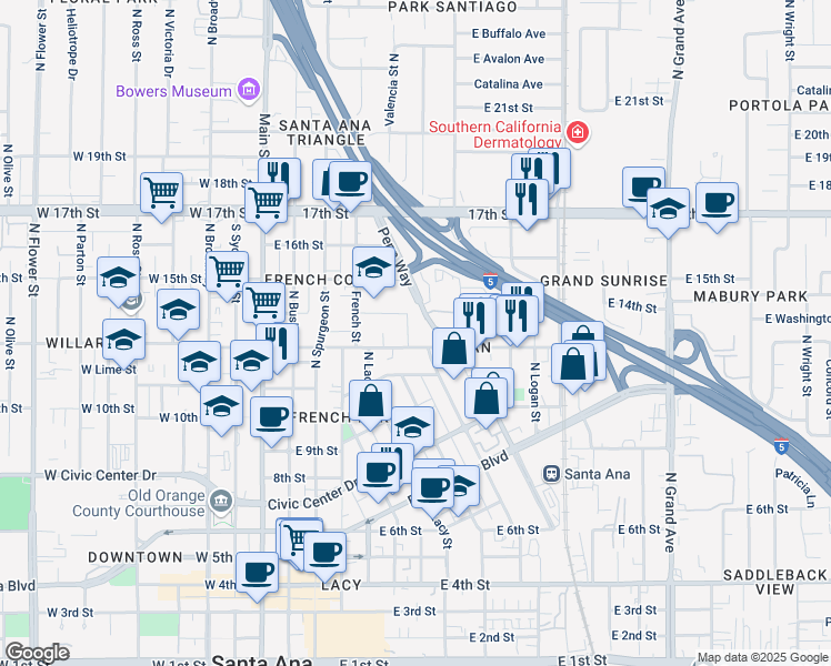map of restaurants, bars, coffee shops, grocery stores, and more near 615 East Washington Avenue in Santa Ana