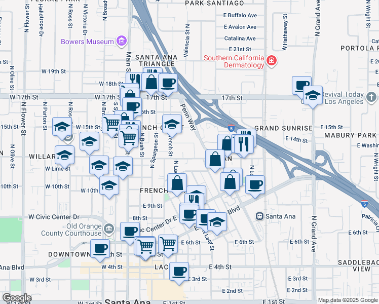 map of restaurants, bars, coffee shops, grocery stores, and more near 525 East Washington Avenue in Santa Ana