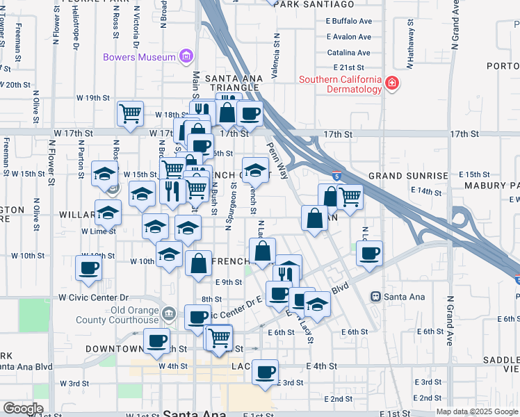 map of restaurants, bars, coffee shops, grocery stores, and more near 1310 French Street in Santa Ana