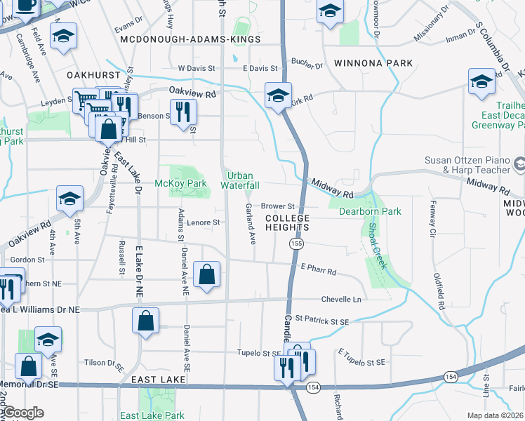 map of restaurants, bars, coffee shops, grocery stores, and more near 121 Brower Street in Decatur