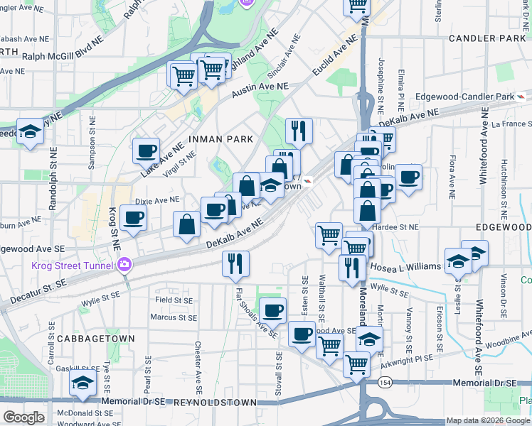 map of restaurants, bars, coffee shops, grocery stores, and more near 996 DeKalb Avenue Northeast in Atlanta