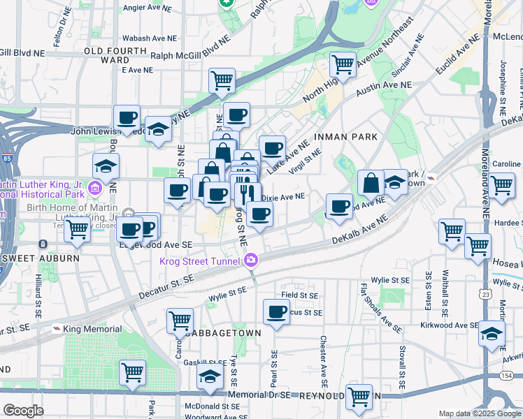 map of restaurants, bars, coffee shops, grocery stores, and more near 73 Waddell Street Northeast in Atlanta