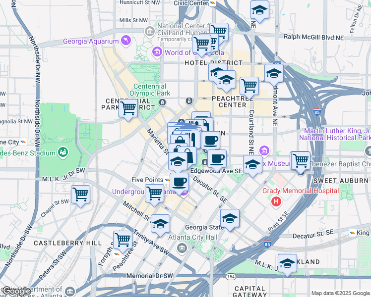 map of restaurants, bars, coffee shops, grocery stores, and more near 49 Forsyth Street Northwest in Atlanta