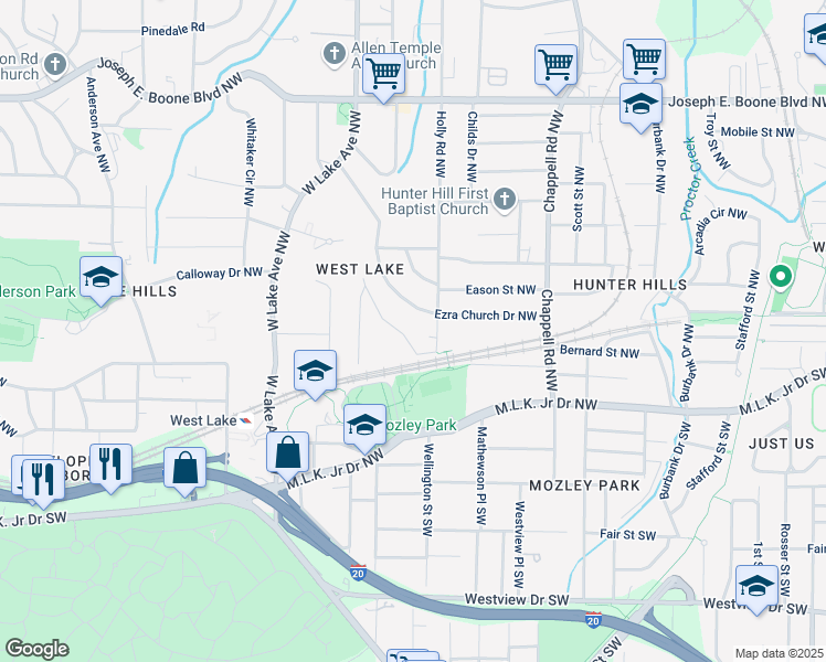 map of restaurants, bars, coffee shops, grocery stores, and more near 38 Spring Lane Northwest in Atlanta