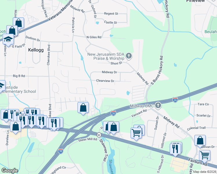 map of restaurants, bars, coffee shops, grocery stores, and more near 5516 Somer Mill Road in Douglasville