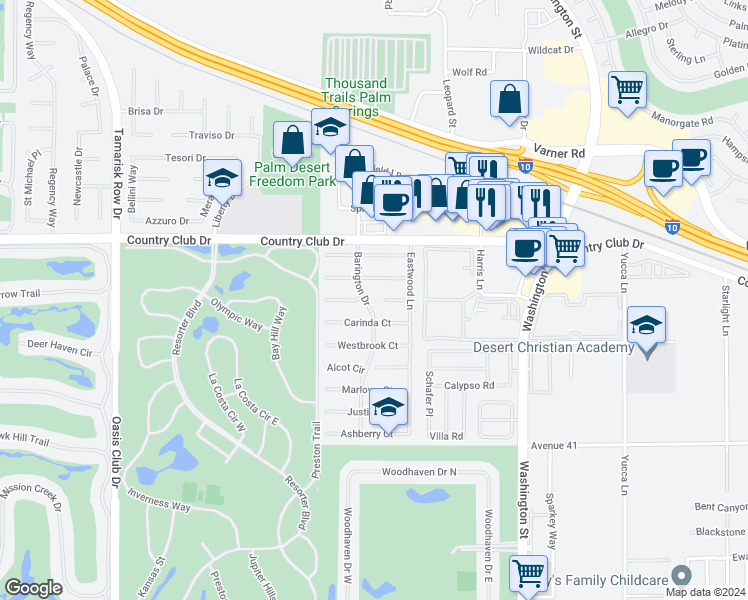 map of restaurants, bars, coffee shops, grocery stores, and more near 40290 Barington Drive in Palm Desert