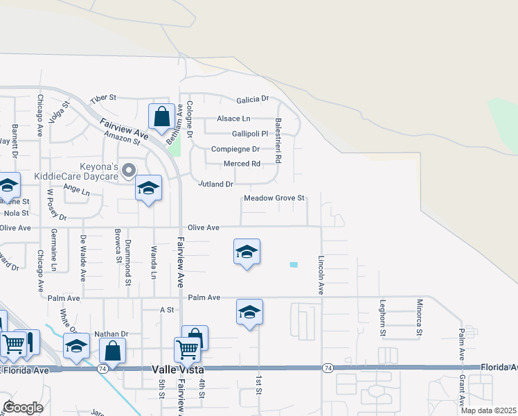 map of restaurants, bars, coffee shops, grocery stores, and more near 44266 Espirit Circle in Hemet