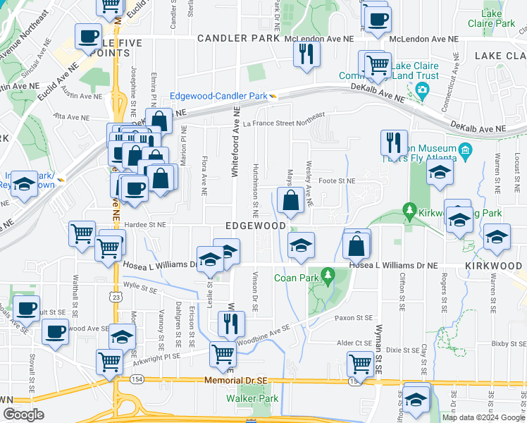 map of restaurants, bars, coffee shops, grocery stores, and more near 1446 Macklone Street Northeast in Atlanta