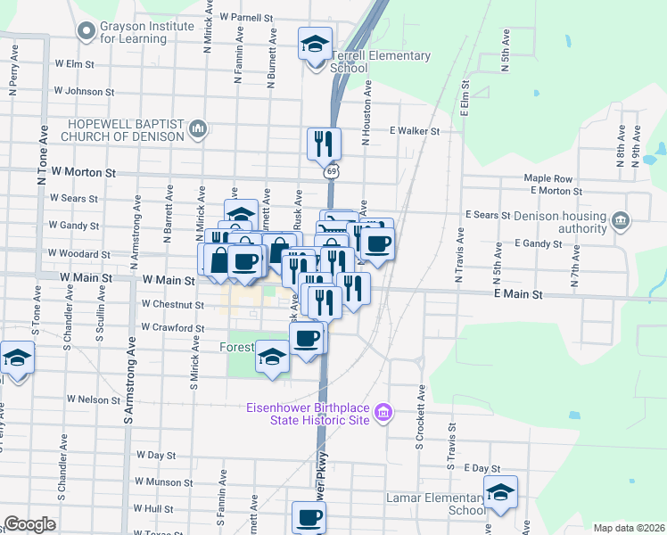 map of restaurants, bars, coffee shops, grocery stores, and more near in Denison