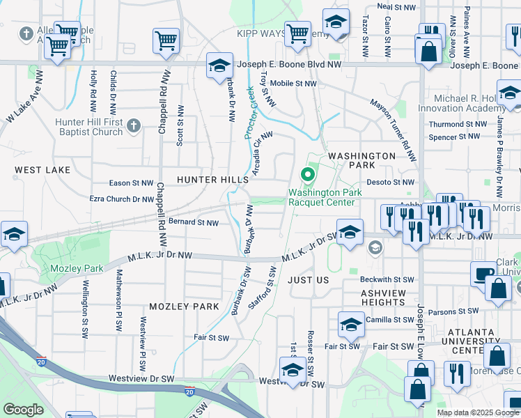 map of restaurants, bars, coffee shops, grocery stores, and more near 1225 Gardenia Street Northwest in Atlanta