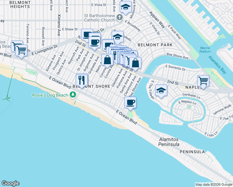 map of restaurants, bars, coffee shops, grocery stores, and more near 102 Pomona Avenue in Long Beach
