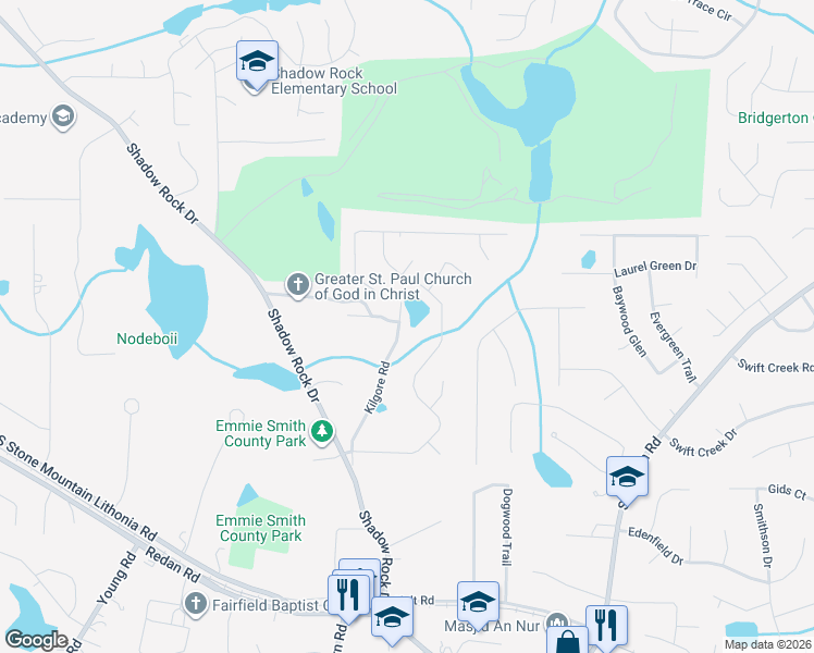map of restaurants, bars, coffee shops, grocery stores, and more near 1280 Kilgore Road in Lithonia