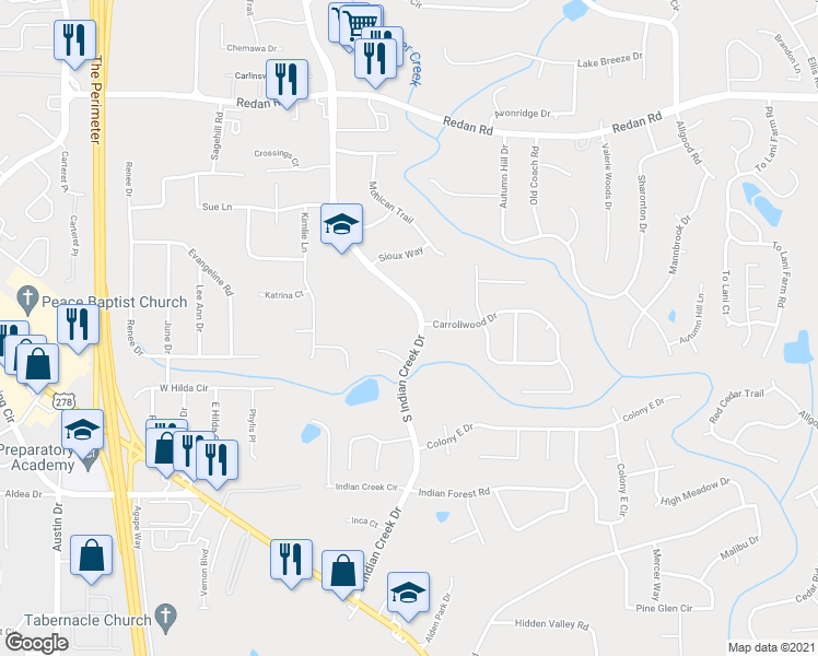 map of restaurants, bars, coffee shops, grocery stores, and more near 1411 South Indian Creek Drive in Stone Mountain