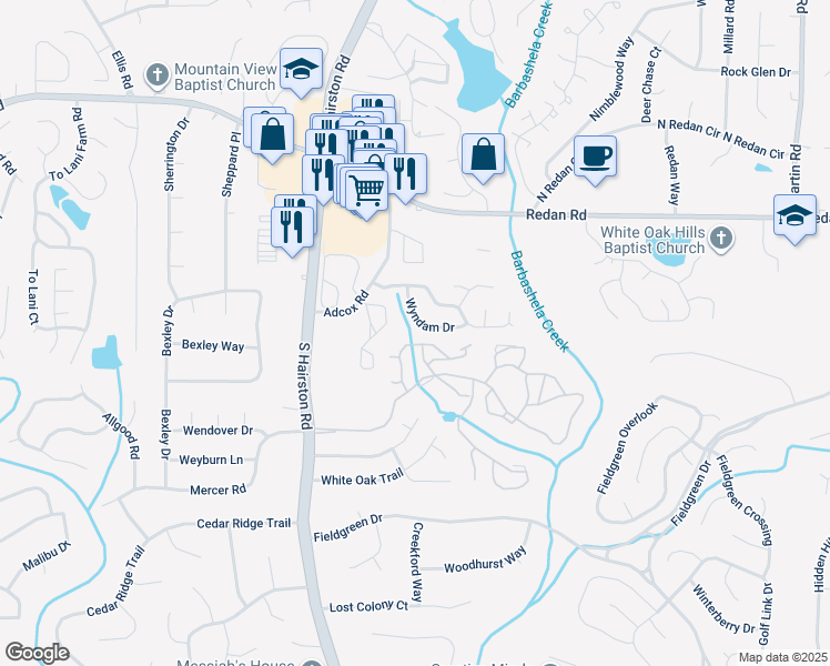 map of restaurants, bars, coffee shops, grocery stores, and more near 4799 Wyndam Drive in Stone Mountain