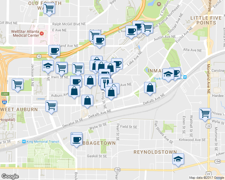 map of restaurants, bars, coffee shops, grocery stores, and more near 73 Waddell Street Northeast in Atlanta