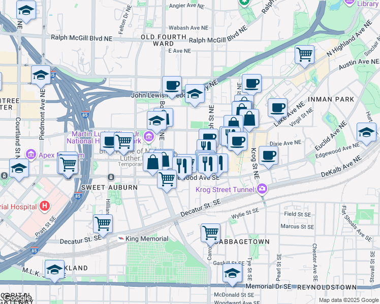 map of restaurants, bars, coffee shops, grocery stores, and more near 558 Old Wheat Street Northeast in Atlanta