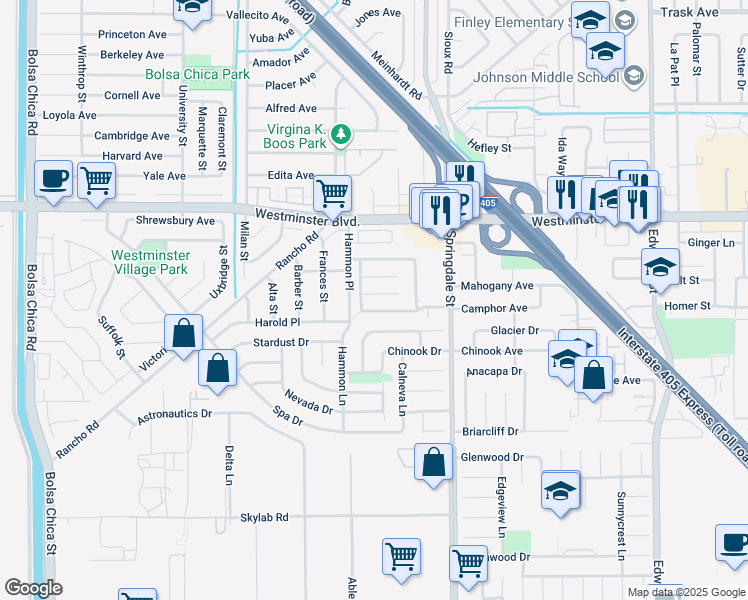 map of restaurants, bars, coffee shops, grocery stores, and more near 5792 Gloucester Circle in Westminster