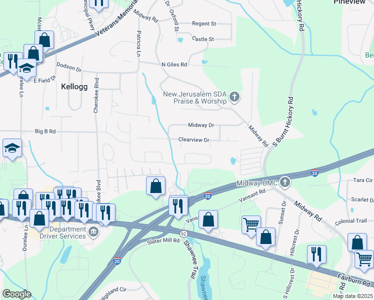 map of restaurants, bars, coffee shops, grocery stores, and more near 5526 Somer Mill Road in Douglasville
