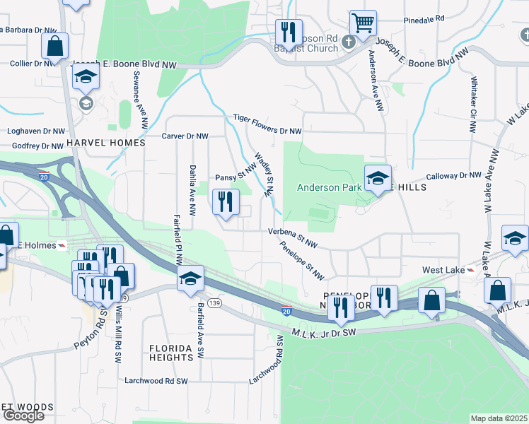 map of restaurants, bars, coffee shops, grocery stores, and more near 169 Wadley Street Northwest in Atlanta