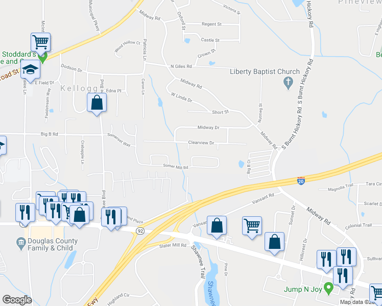 map of restaurants, bars, coffee shops, grocery stores, and more near 5528 Somer Mill Road in Douglasville