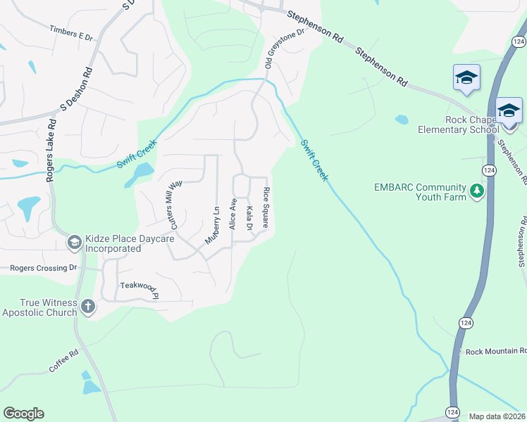 map of restaurants, bars, coffee shops, grocery stores, and more near 1645 Rice Square in Lithonia