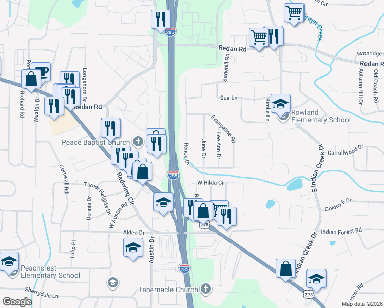 map of restaurants, bars, coffee shops, grocery stores, and more near 1280 Renee Drive in Decatur