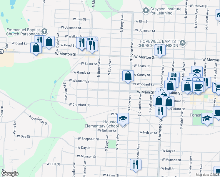 map of restaurants, bars, coffee shops, grocery stores, and more near 1227 West Main Street in Denison
