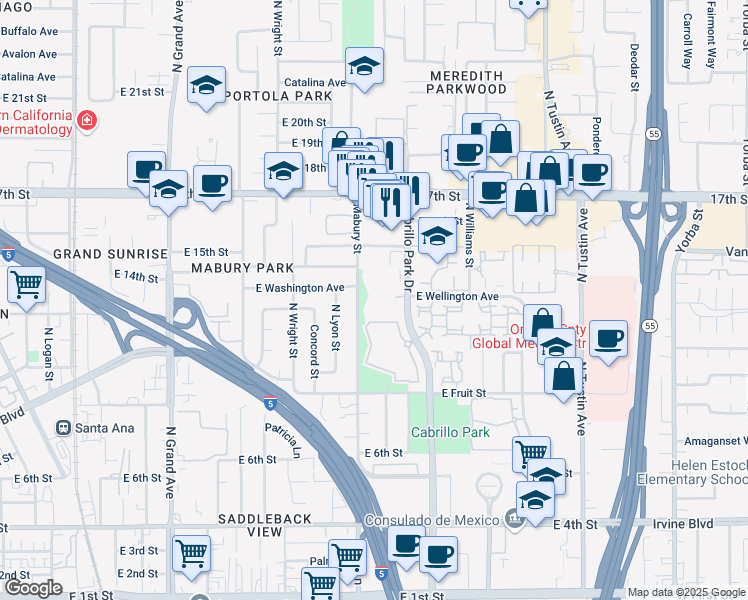 map of restaurants, bars, coffee shops, grocery stores, and more near 1300 Cabrillo Park Drive in Santa Ana