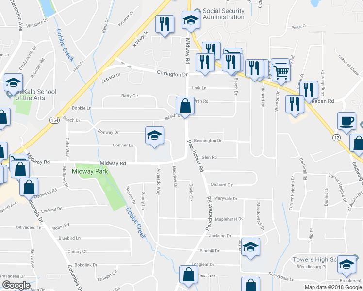 map of restaurants, bars, coffee shops, grocery stores, and more near 3402 Midway Road in Decatur