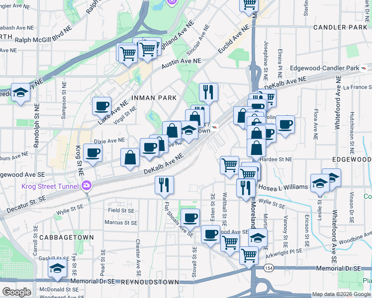 map of restaurants, bars, coffee shops, grocery stores, and more near 996 DeKalb Avenue Northeast in Atlanta
