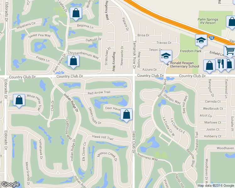 map of restaurants, bars, coffee shops, grocery stores, and more near 831 Red Arrow Trail in Palm Desert