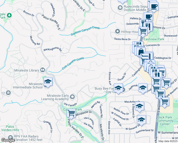 map of restaurants, bars, coffee shops, grocery stores, and more near 2570 Colt Road in Rancho Palos Verdes