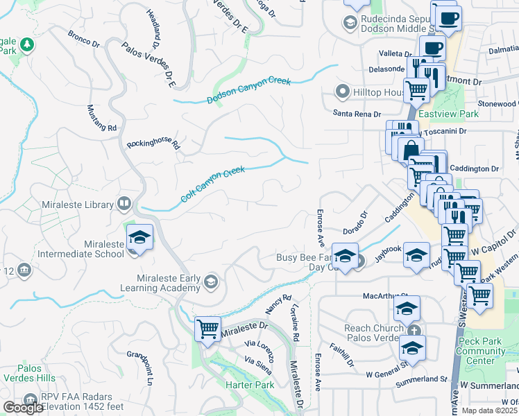 map of restaurants, bars, coffee shops, grocery stores, and more near 2570 Colt Road in Rancho Palos Verdes