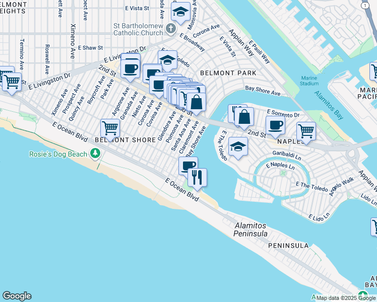 map of restaurants, bars, coffee shops, grocery stores, and more near 123 Bay Shore Avenue in Long Beach