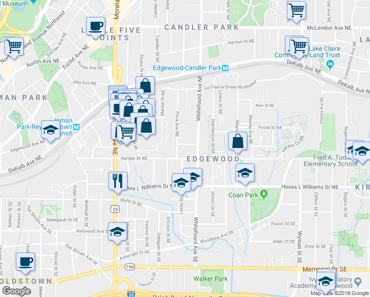 map of restaurants, bars, coffee shops, grocery stores, and more near 1353 Finley Street Northeast in Atlanta