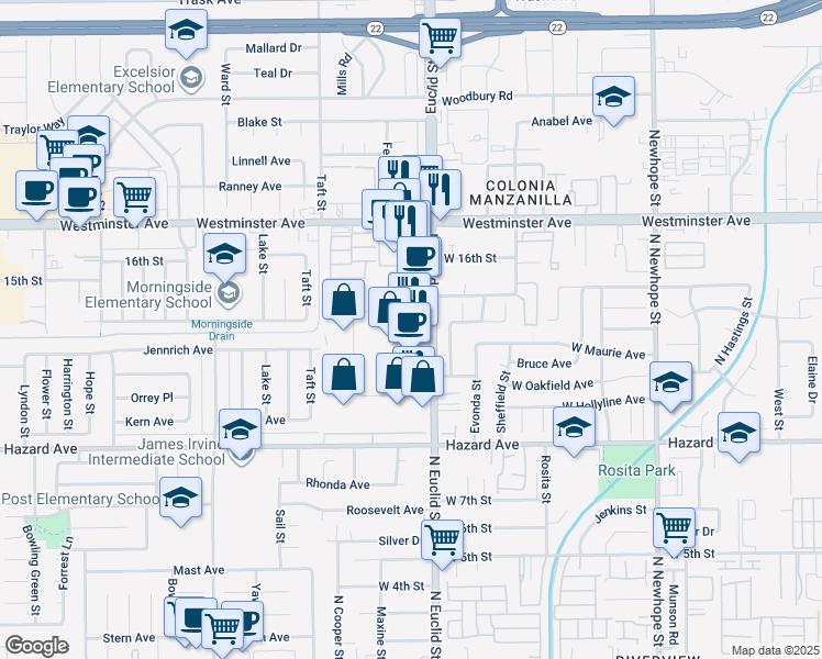map of restaurants, bars, coffee shops, grocery stores, and more near 14241 Euclid Street in Garden Grove