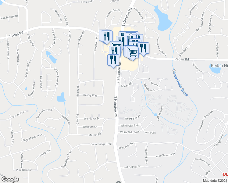 map of restaurants, bars, coffee shops, grocery stores, and more near 1337 South Hairston Road in Stone Mountain