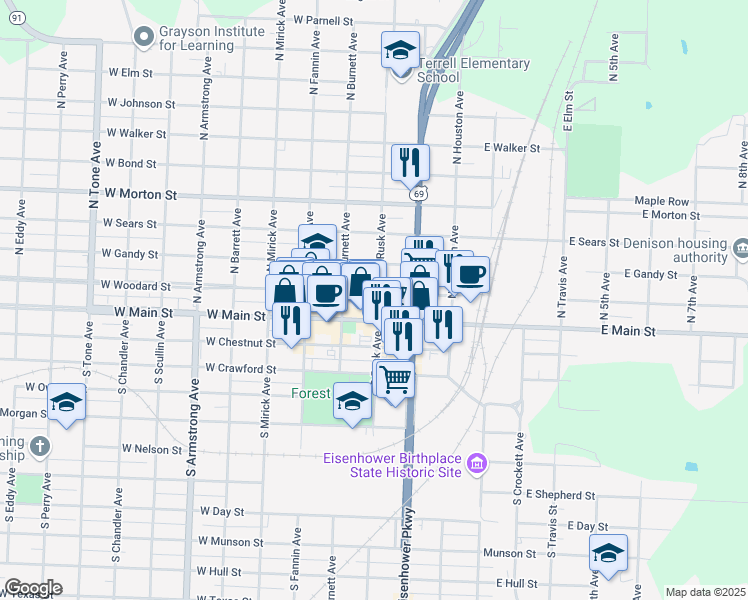map of restaurants, bars, coffee shops, grocery stores, and more near 310 West Woodard Street in Denison