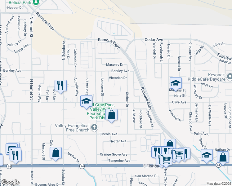 map of restaurants, bars, coffee shops, grocery stores, and more near 25176 Laguna Honda in Hemet