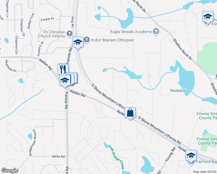 map of restaurants, bars, coffee shops, grocery stores, and more near 1233 Greenridge Lane in Lithonia