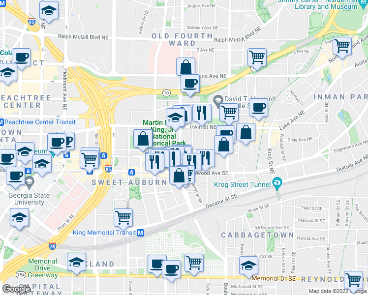 map of restaurants, bars, coffee shops, grocery stores, and more near 61 Boulevard Northeast in Atlanta