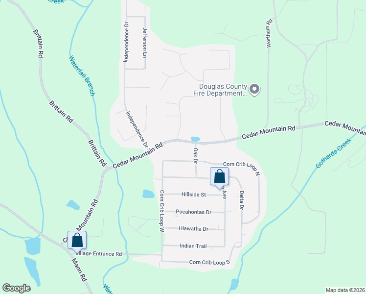 map of restaurants, bars, coffee shops, grocery stores, and more near 7505 Cedar Mountain Road in Douglasville