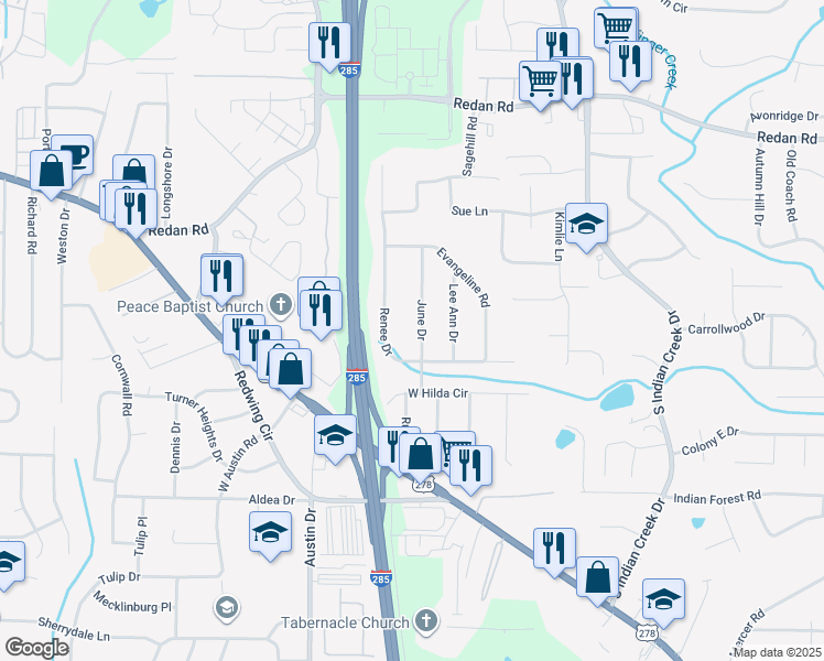 map of restaurants, bars, coffee shops, grocery stores, and more near 1288 June Drive in Decatur