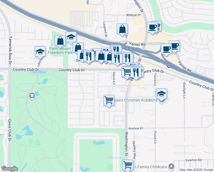 map of restaurants, bars, coffee shops, grocery stores, and more near 77777 Country Club Drive in Palm Desert