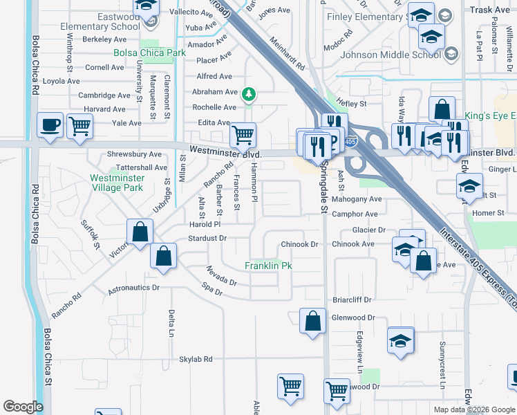 map of restaurants, bars, coffee shops, grocery stores, and more near 14201 Wiltshire Street in Westminster