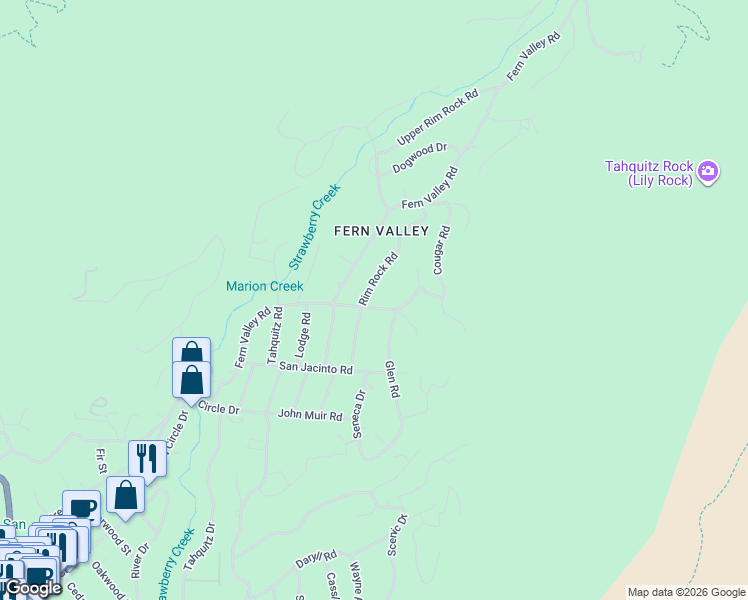 map of restaurants, bars, coffee shops, grocery stores, and more near 25180 Rim Rock Road in Idyllwild-Pine Cove