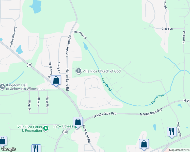 map of restaurants, bars, coffee shops, grocery stores, and more near 1144 Red Bud Circle in Villa Rica