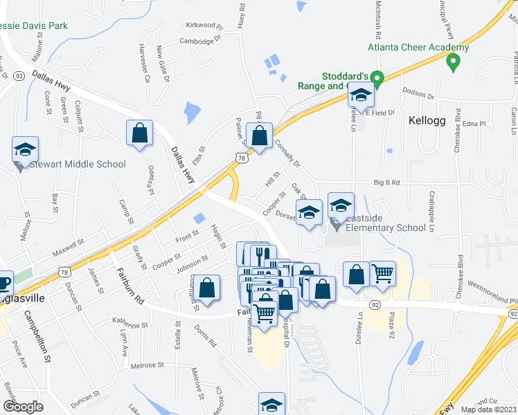 map of restaurants, bars, coffee shops, grocery stores, and more near 6110 Dorsett Street in Douglasville