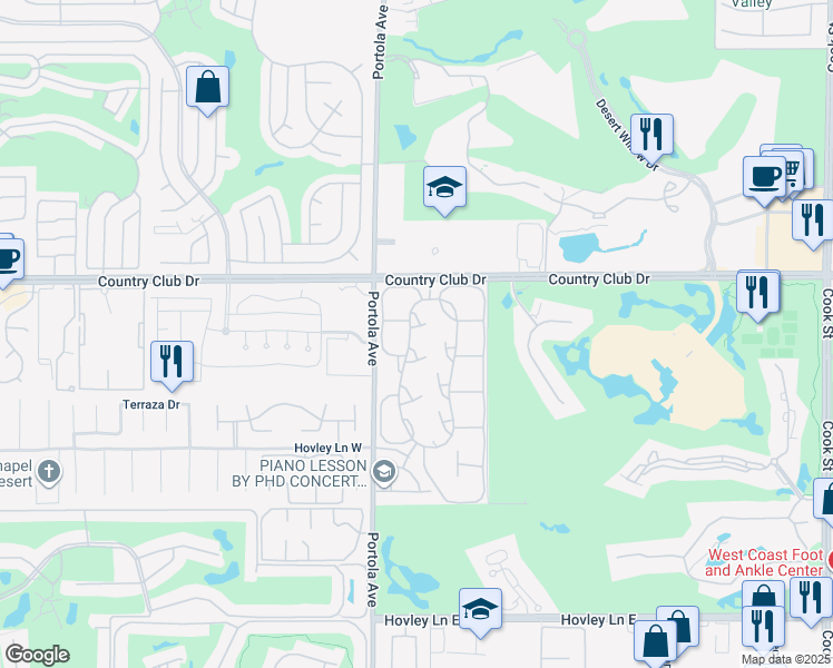 map of restaurants, bars, coffee shops, grocery stores, and more near 21 Las Cruces Lane in Palm Desert